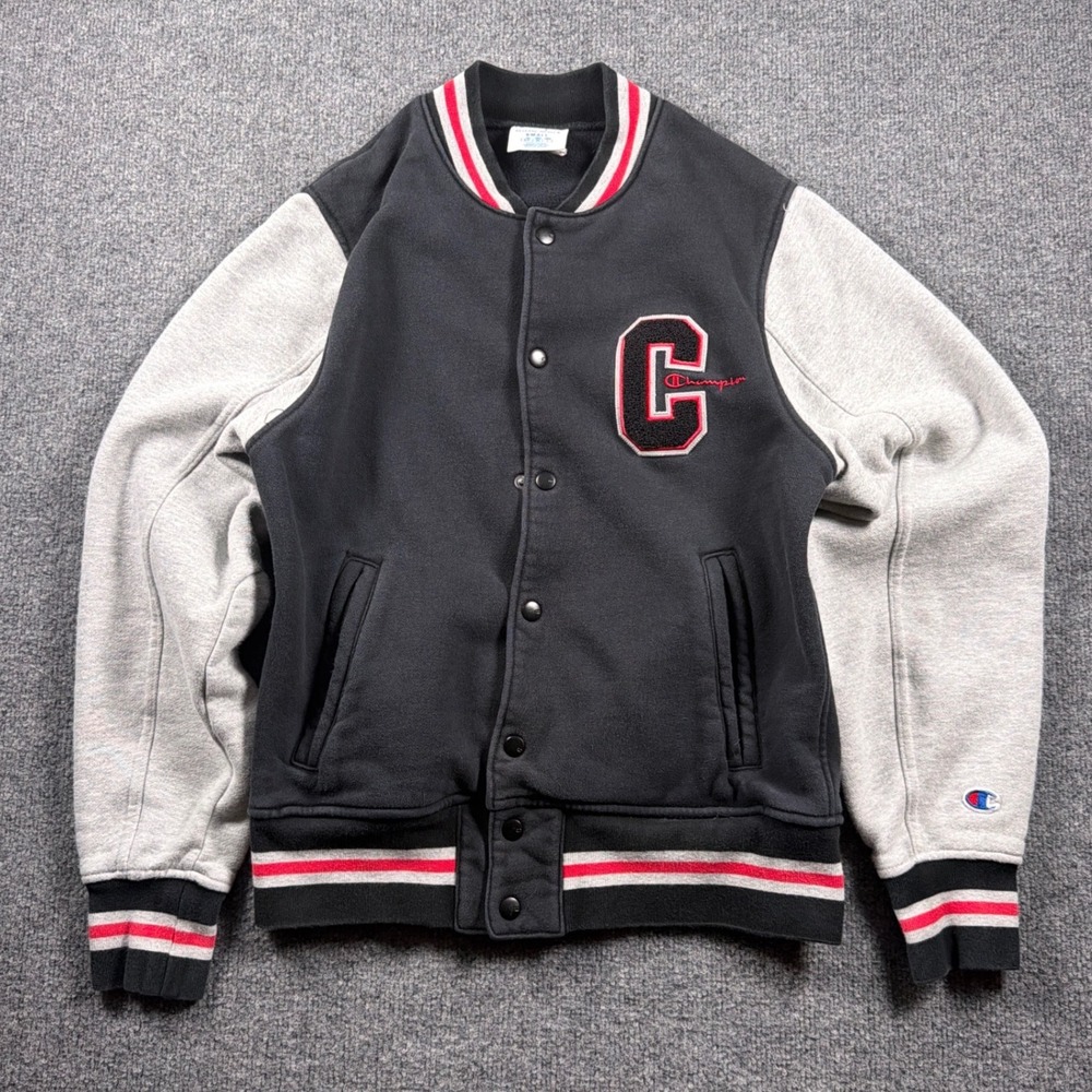 Champion Varsity Jacket Mens Small Black Red Reverse Weave Chenille Patch